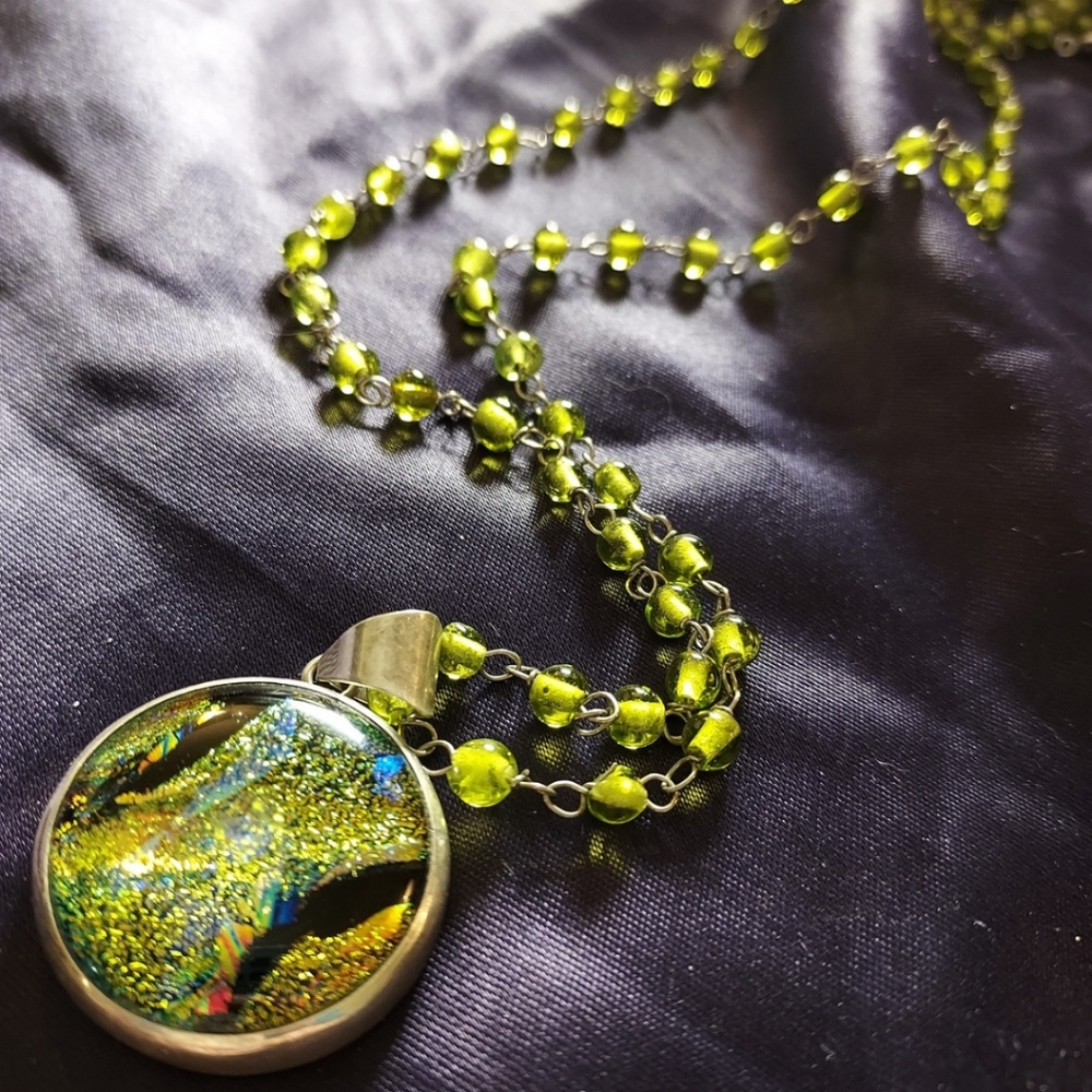 Stunning Sterling Silver Green Dichroic Glass Slide Pendant